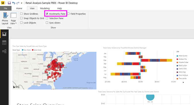 Screenshot showing how to turn on the Bookmarks pane in Power BI Desktop.