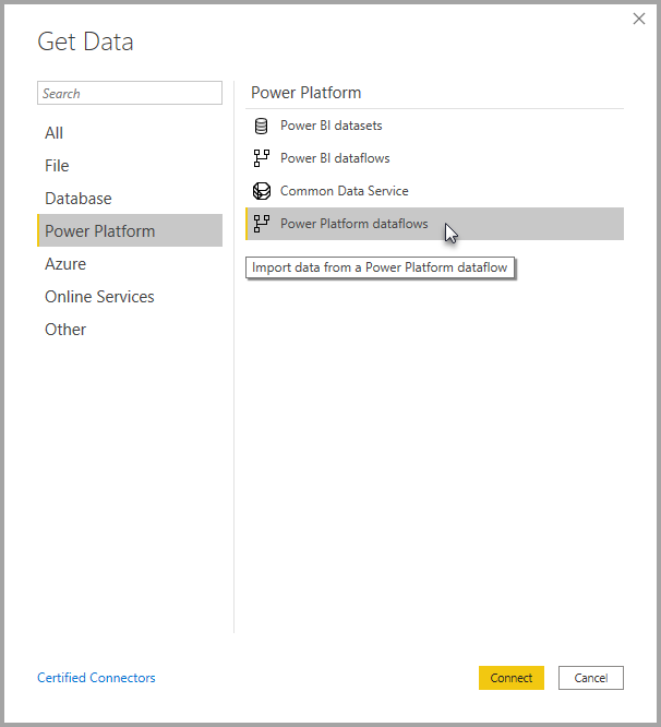 Screenshot of Dataflows selected in the Power Platform tab of the Get Data screen.