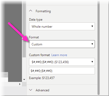 Screenshot of the Formatting menu, highlighting Custom.