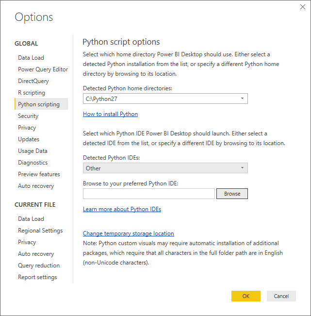 Screenshot of the Options dialog, showing Other entered in the Detected Python IDE field.