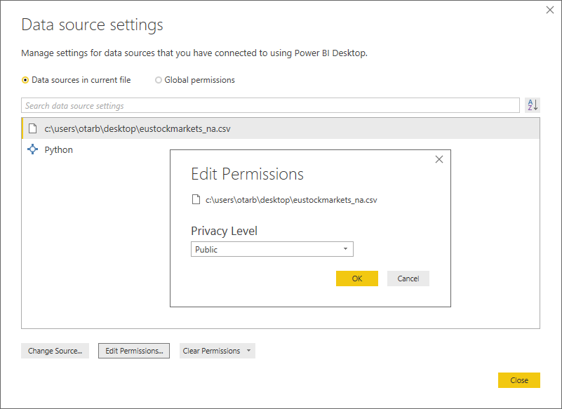 Screenshot of the Data source settings dialog, showing the Privacy Level is set to Public.