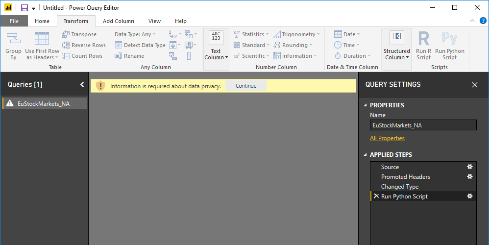 Screenshot of the Power Query Editor pane, showing the warning about data privacy.
