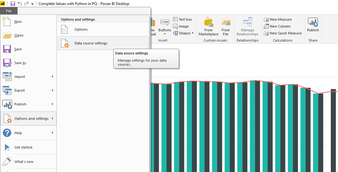Screenshot of the File menu in Power BI Desktop, showing the Data source settings selection.