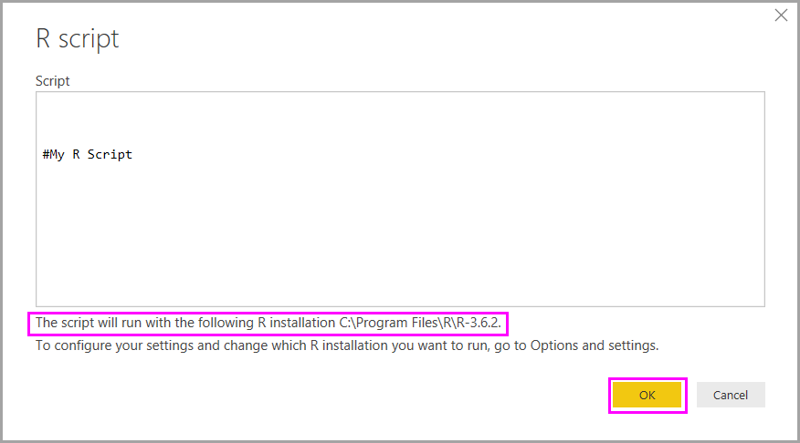 Screenshot shows the R script dialog in Power BI Desktop with R installation information highlighted.
