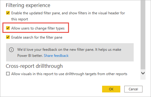 Screenshot of the Filtering experience section, highlighting Allow users to change filter types.