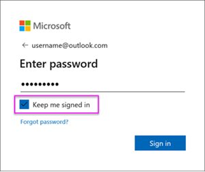 Screenshot of the Microsoft sign-in dialog with keep me signed in highlighted.