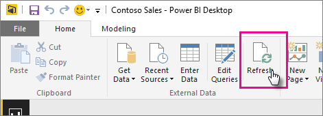 Screenshot that shows Refresh on the Power BI Desktop ribbon.