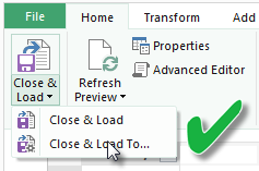 Screenshot of the Home tab in Navigator, showing the Close and Load To selection.