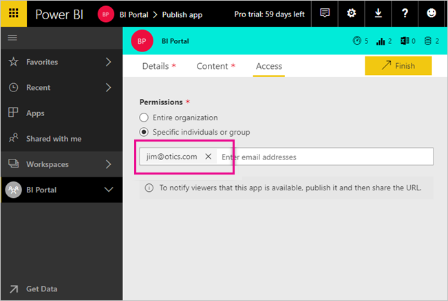 Screenshot of an external user added to the App access list in Power B I.