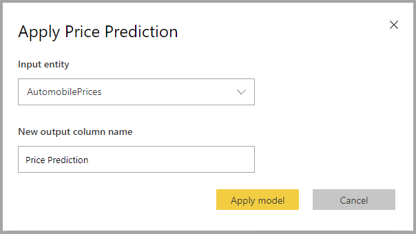 Screenshot of the Apply Price Prediction dialog.