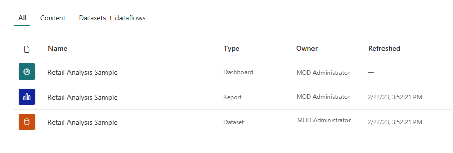 Screenshot shows dashboard, report, and semantic model for Retail Analysis Sample.