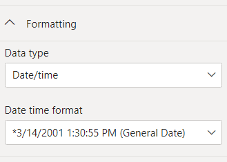 Screenshot showing the Formatting panel with the Data type and Date time format selected.