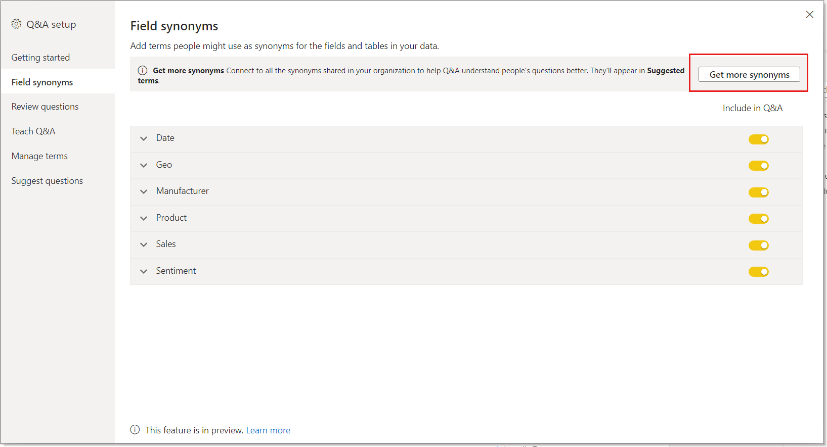 Screenshot of the Field synonyms page with the Get more synonyms button highlighted.