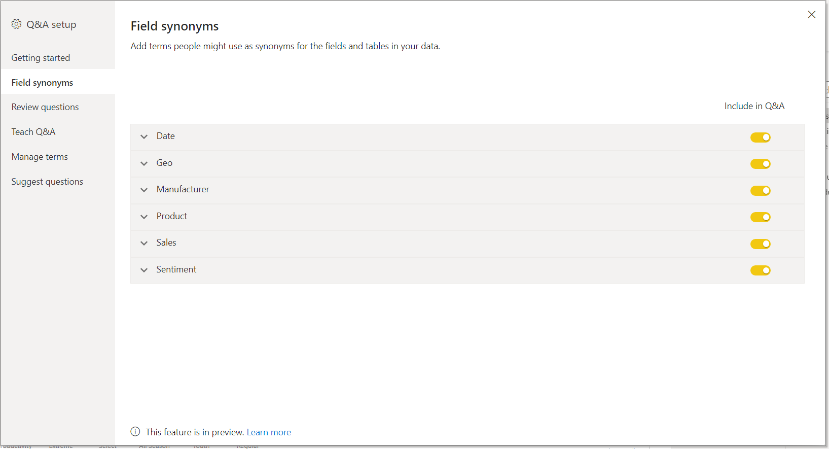 Screenshot of the Q and A Field synonyms page.