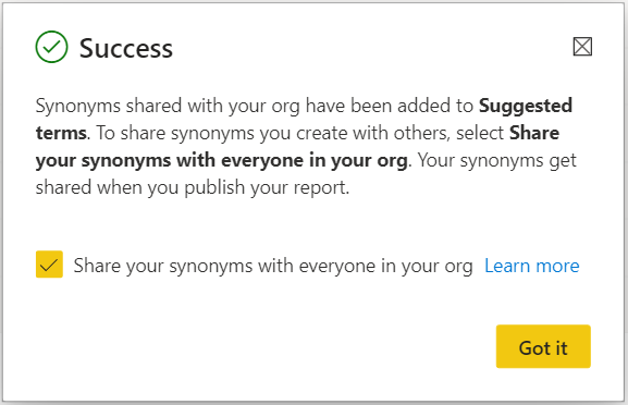 Screenshot of the dialog box to share synonyms with everyone in your org.