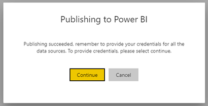 Screenshot of dialog box to Publish to Power BI.