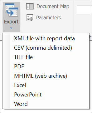 Screenshot of the Power BI Report Builder Export options.