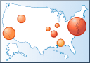 Screenshot showing map that displays a bubble for each location and varies bubble size by one analytical data field.