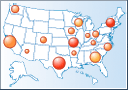 Screenshot showing map that displays analytical data by varying bubble size centered on areas.