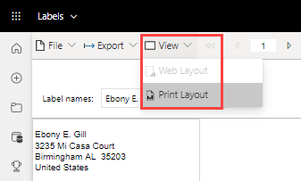 Screenshot of View menu, Print Layout option.