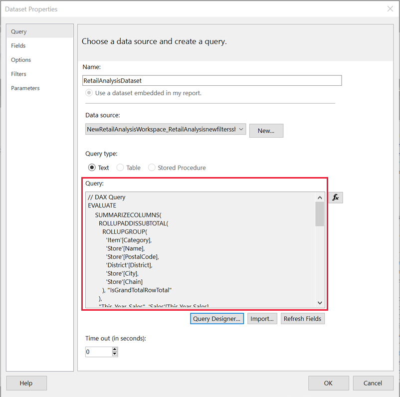 Screenshot of the Dataset properties dialog box.