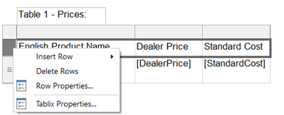 Screenshot showing selecting row properties.