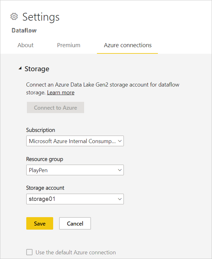 Screenshot of the Settings window after choosing Connecting to Azure.