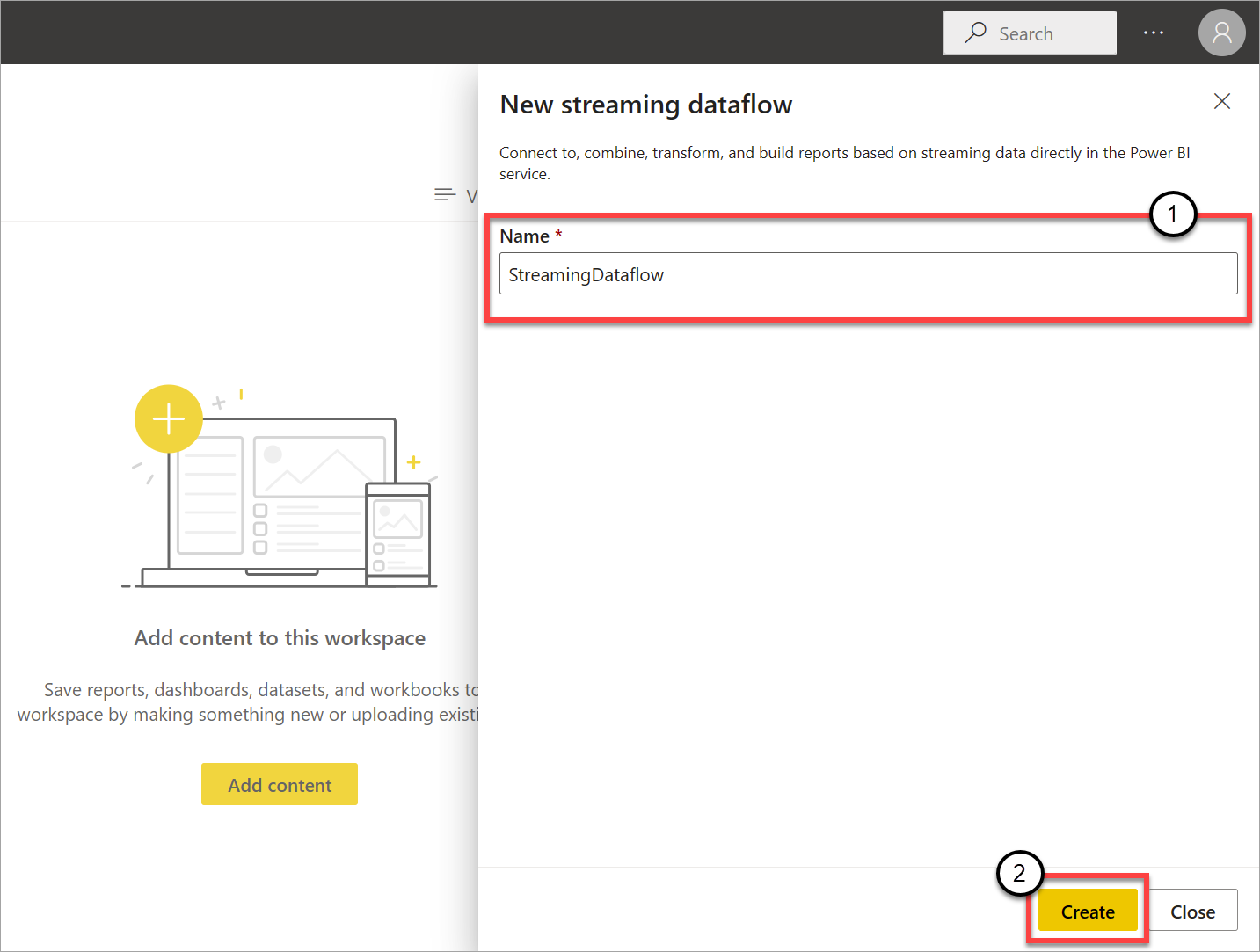 Screenshot of the new streaming dataflow pane with name and create highlighted.