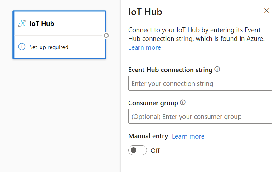 Screenshot that shows the side pane for IoT Hub configuration.