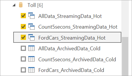 Screenshot that shows hot output tables selected for streaming dataflows in Power BI Desktop.