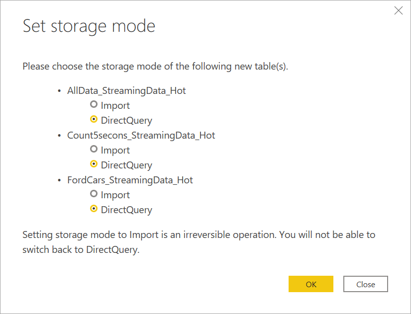 Screenshot that shows the storage mode selected for streaming dataflows in Power B I Desktop.