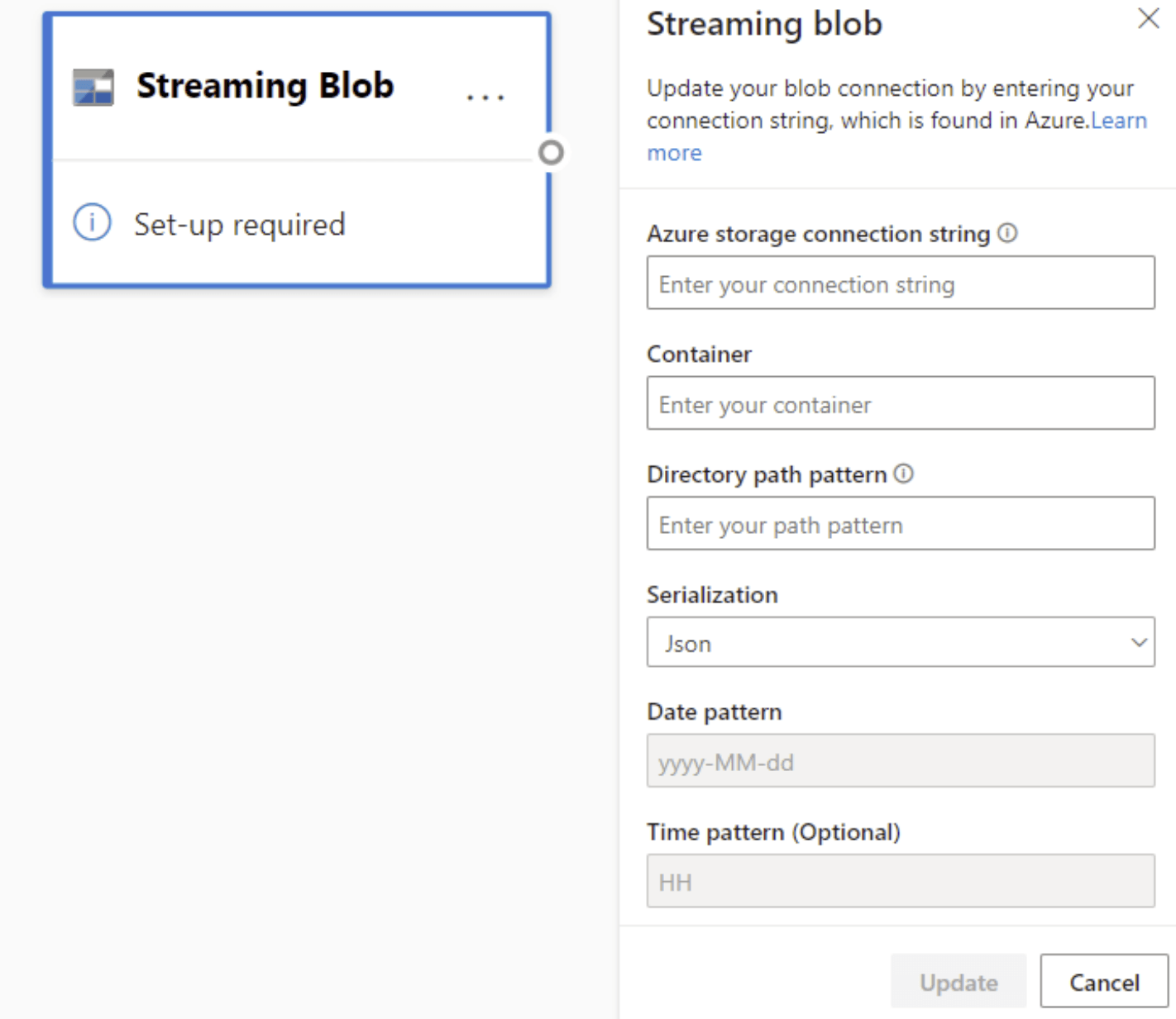  Screenshot that shows the Streaming blob card and configuration pane in diagram view