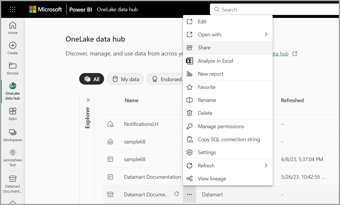 Screenshot of sharing a datamart from the data hub.