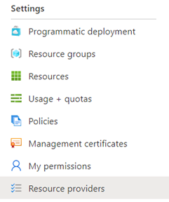 Screenshot of selecting Resource providers in the Azure portal.