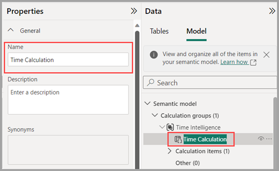 Screenshot of how to rename a calculation group column.