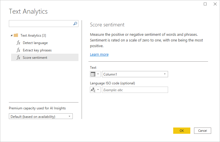 Screenshot of the Text analytics dialog box showing the Score sentiment function.