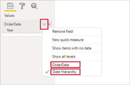 Example of a visual field configuration for the OrderDate hierarchy. The open context menu  displays two options allowing the toggling to use the OrderDate column or the Date Hierarchy.