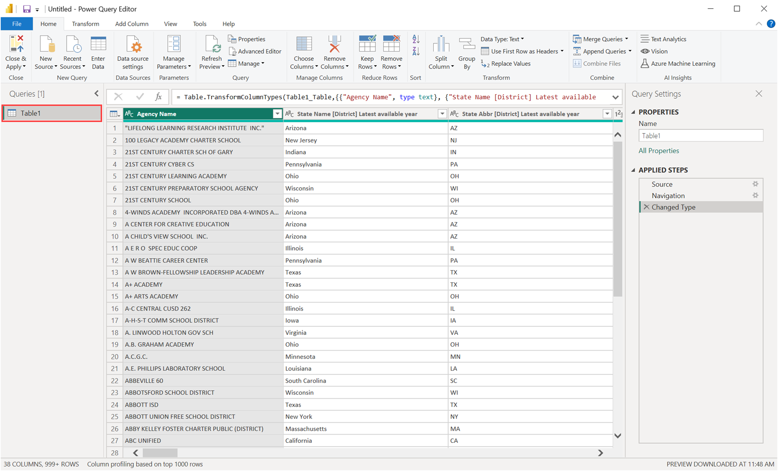 Screenshot of the Power Query Editor with Table 1 highlighted in the queries pane.