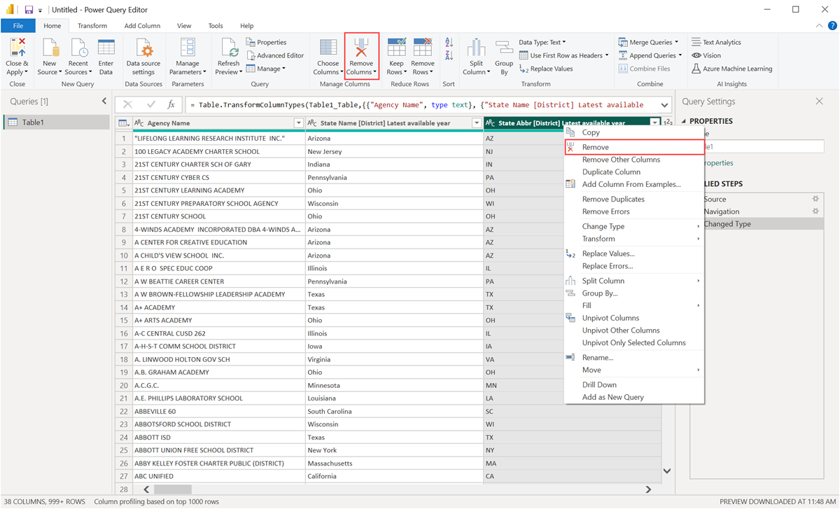 Screenshot of the Power Query Editor with the options to remove columns highlighted.