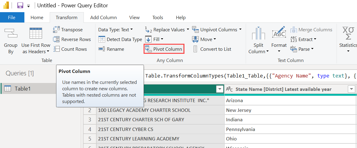 Screenshot of the Pivot Column button highlighted on the Transform tab.