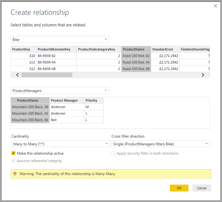 Screenshot of the Create relationship window.