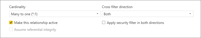 Screenshot of the lower portion of the Create relationship dialog box showing Cardinality and Cross filter direction options.