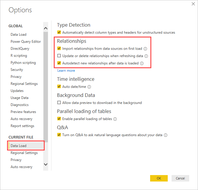 Screenshot of the Options box showing the Relationships settings in the Data Load tab.