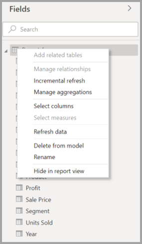 Screenshot of the original context menu for a table in Power BI Desktop.