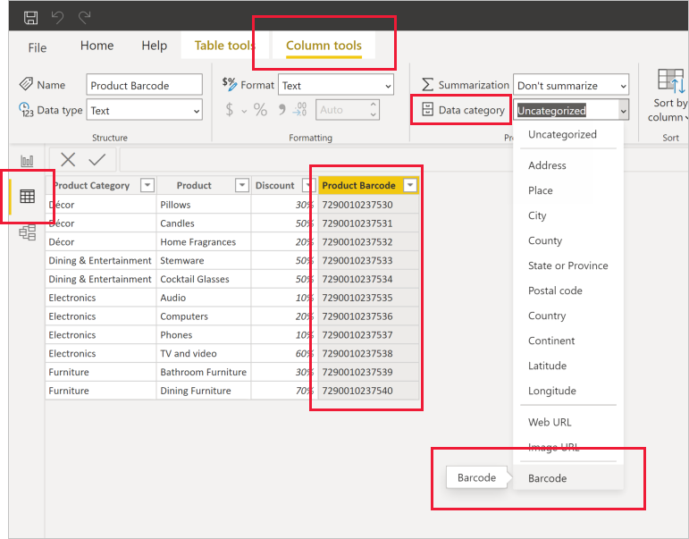Screenshot of Power BI Desktop showing the Column tools tab in Data view. The Data category dropdown is selected, and Barcode is highlighted.