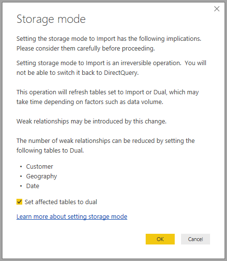 Screenshot showing a warning window that describes the results of changing the storage mode to Import.