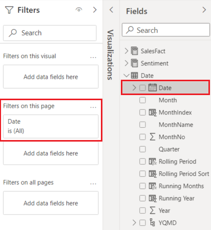 Screenshot showing the Date field highlighted in the Fields pane and the Date field highlighted in the 'Filters on this page' well.