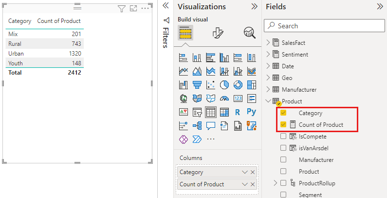 Screenshot of the Fields pane with the Values well called out.
