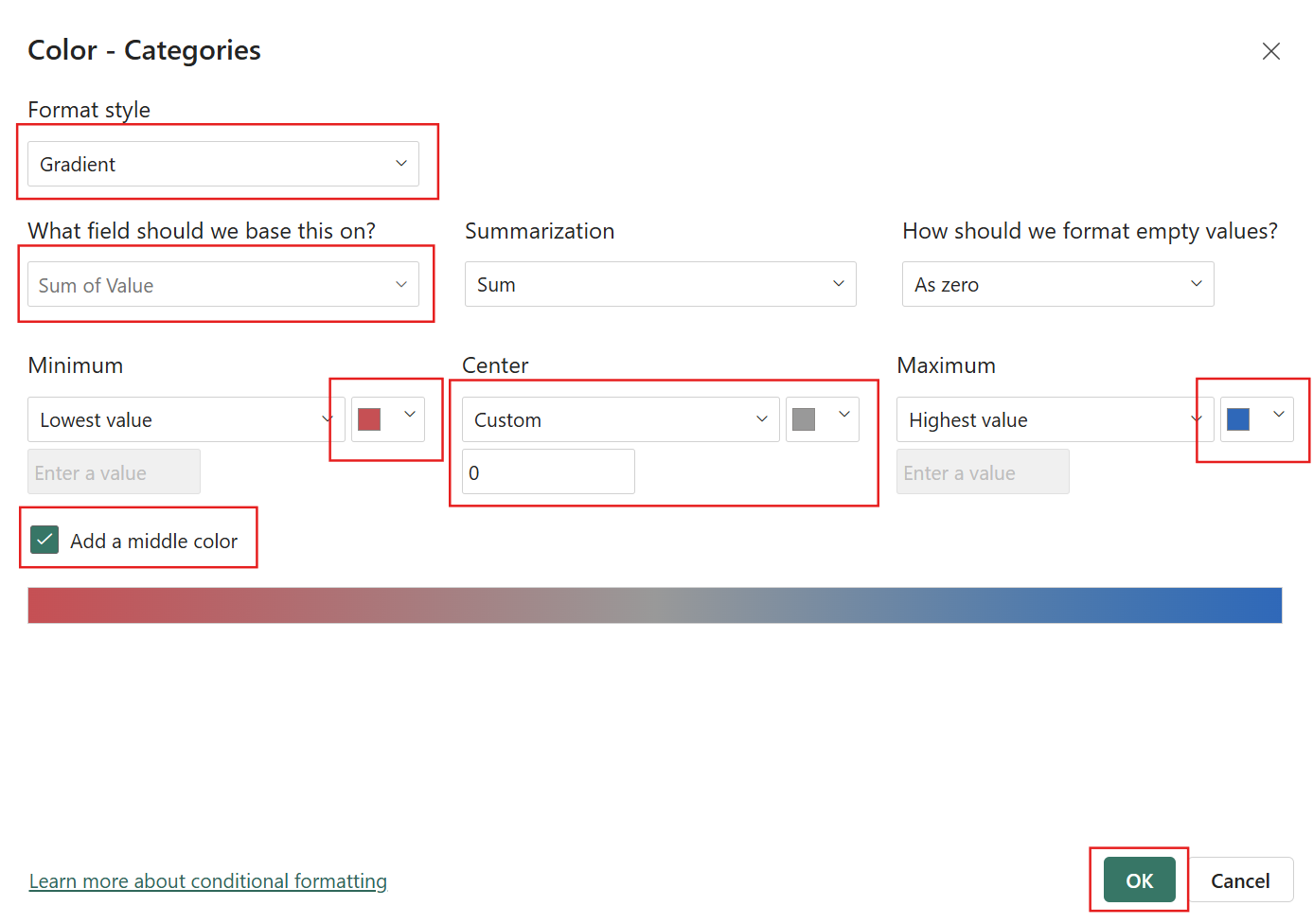 Screenshot of line color gradient settings with red for the minimum, gray at zero, and blue for the maximum.