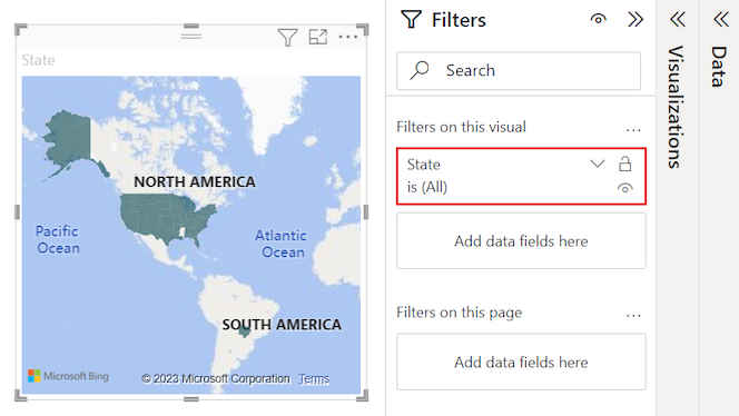 Screenshot that shows the Filters pane expanded and State All value visible.